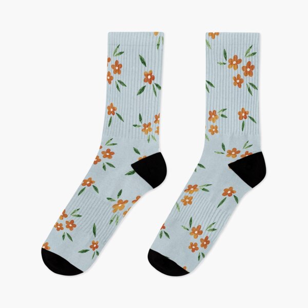 Item preview, Tiny and cute orange flowers and green leaves pattern on blue background. Botanical illustration. designed and sold by helga-wigandt.