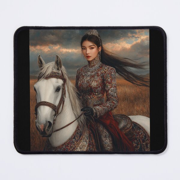 Item preview, Majestic Mongolian Warrior Princess on White Horse designed and sold by ArtVibeCo.
