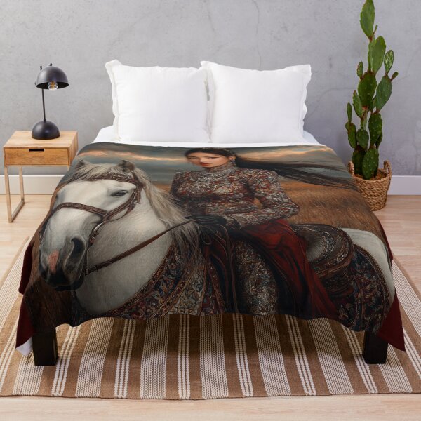 Item preview, Majestic Mongolian Warrior Princess on White Horse designed and sold by ArtVibeCo.