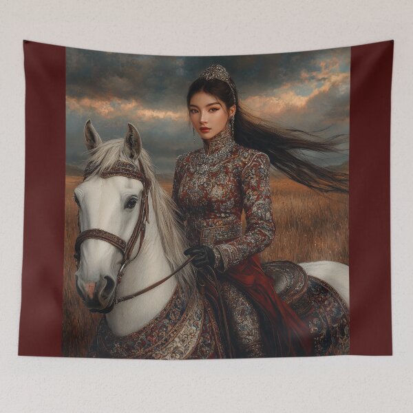 Item preview, Majestic Mongolian Warrior Princess on White Horse designed and sold by ArtVibeCo.