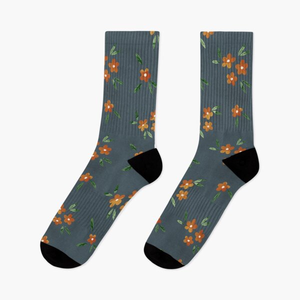Item preview, Tiny and cute orange flowers and green leaves pattern on dark blue background. Botanical illustration. designed and sold by helga-wigandt.