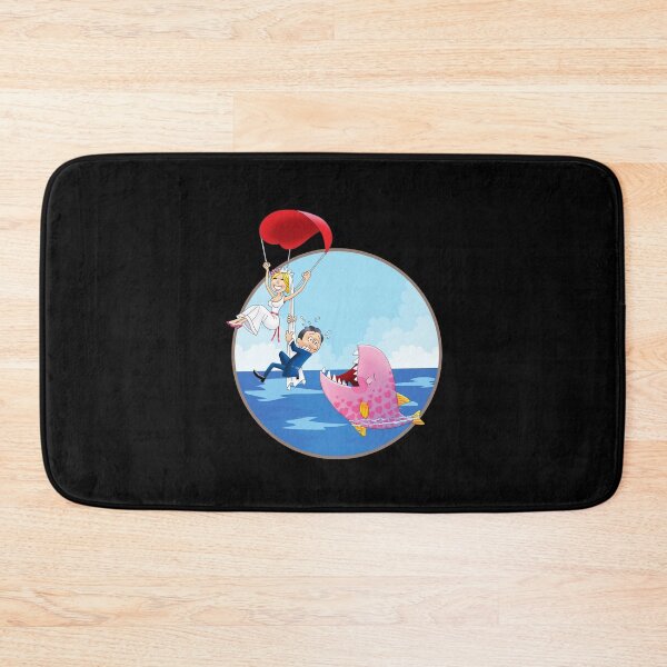 Item preview, Humorous Wedding Adventure: Bride and Groom Parachuting Over Giant Fish Cartoon" designed and sold by Psycho-Crazy.