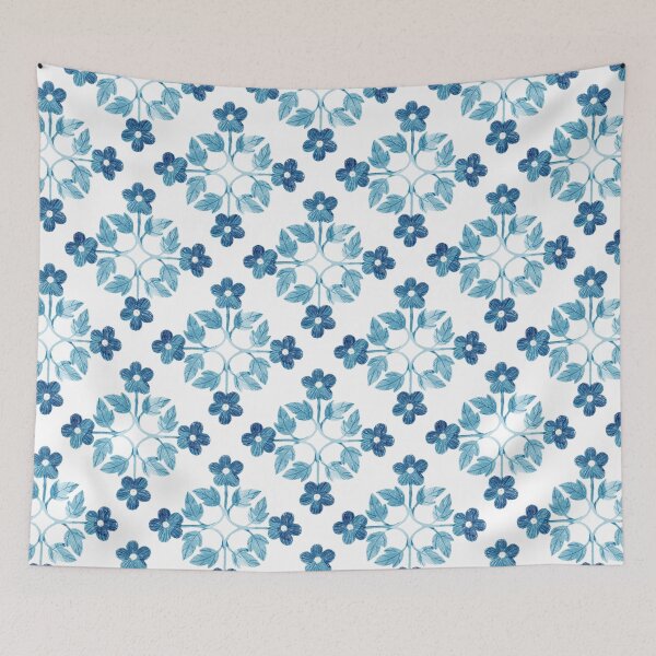 Item preview, Blue leaves and flowers floral tile. Bohemial symmetric tile design. Stylized flowers. designed and sold by helga-wigandt.