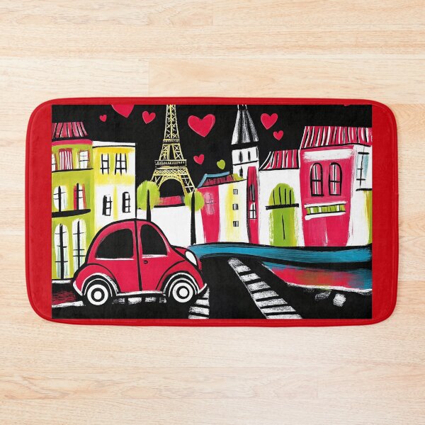 Item preview, Paris Valentine Charm - Red Car Amidst Colorful Buildings, Eiffel Tower, and Floating Hearts designed and sold by OlfactoART Studio.