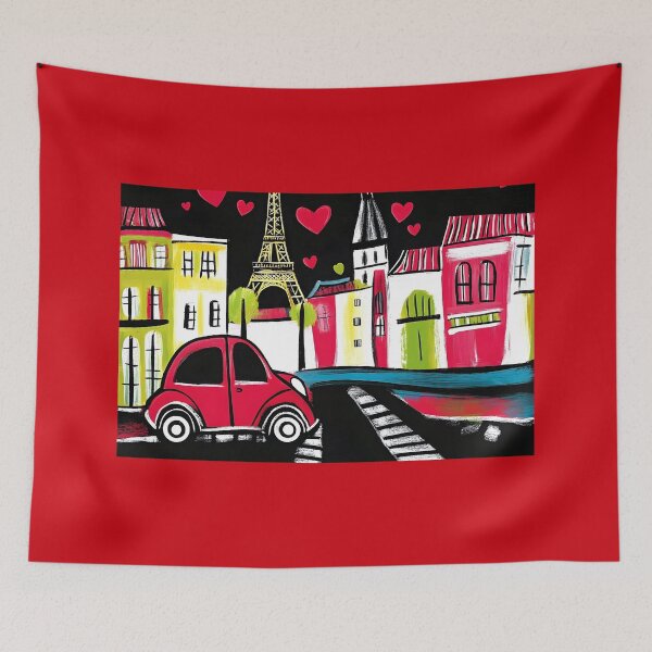 Item preview, Paris Valentine Charm - Red Car Amidst Colorful Buildings, Eiffel Tower, and Floating Hearts designed and sold by OlfactoART Studio.