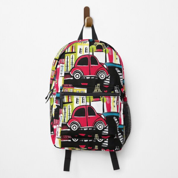 Item preview, Paris Valentine Charm - Red Car Amidst Colorful Buildings, Eiffel Tower, and Floating Hearts designed and sold by OlfactoART Studio.