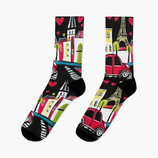 Item preview, Paris Valentine Charm - Red Car Amidst Colorful Buildings, Eiffel Tower, and Floating Hearts designed and sold by OlfactoART Studio.