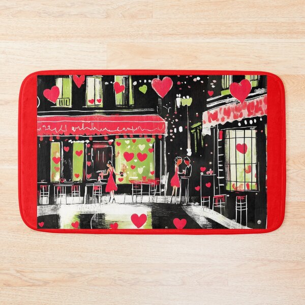 Item preview, City Valentine's Day Romance - A Couples Cozy Moment Amidst Red Hearts and a Lively Street Scene Generative AI Art designed and sold by OlfactoART Studio.