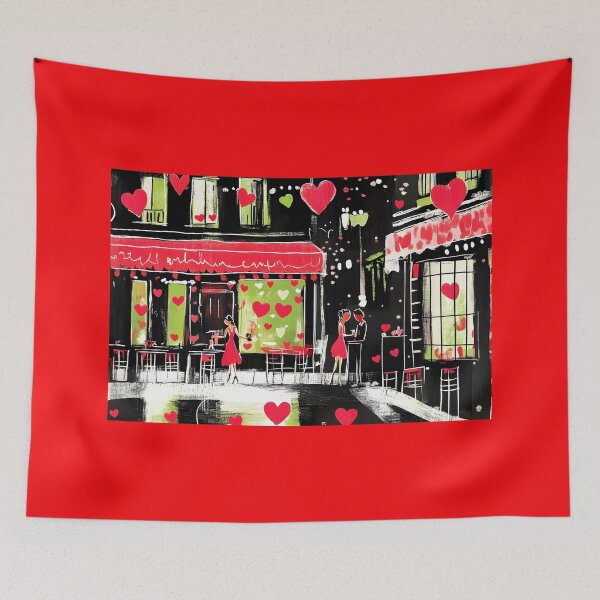 Item preview, City Valentine's Day Romance - A Couples Cozy Moment Amidst Red Hearts and a Lively Street Scene Generative AI Art designed and sold by OlfactoART Studio.