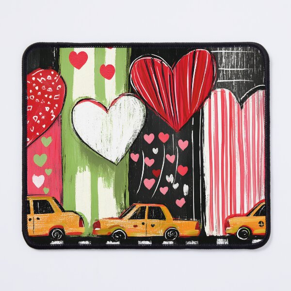 Item preview, Yellow Taxis Driving Past Vibrant Hearts and Bold Stripes in a Playful New York Valentine Scene designed and sold by OlfactoART Studio.