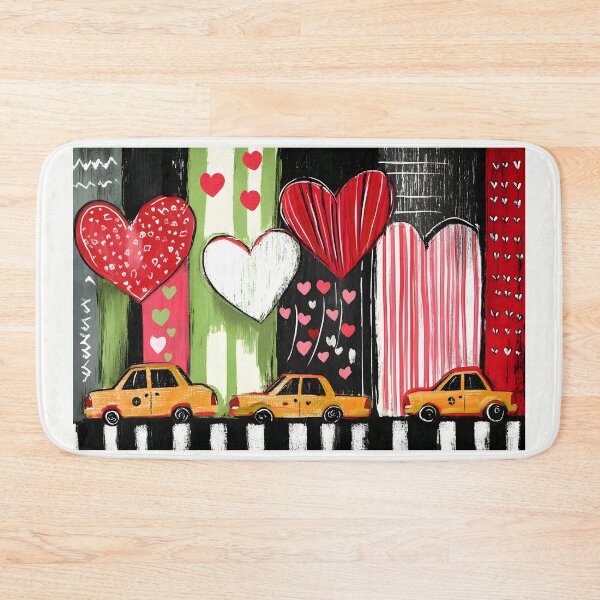 Item preview, Yellow Taxis Driving Past Vibrant Hearts and Bold Stripes in a Playful New York Valentine Scene designed and sold by OlfactoART Studio.