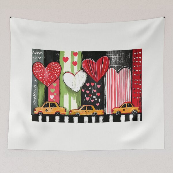 Item preview, Yellow Taxis Driving Past Vibrant Hearts and Bold Stripes in a Playful New York Valentine Scene designed and sold by OlfactoART Studio.