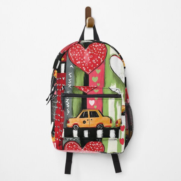 Item preview, Yellow Taxis Driving Past Vibrant Hearts and Bold Stripes in a Playful New York Valentine Scene designed and sold by OlfactoART Studio.