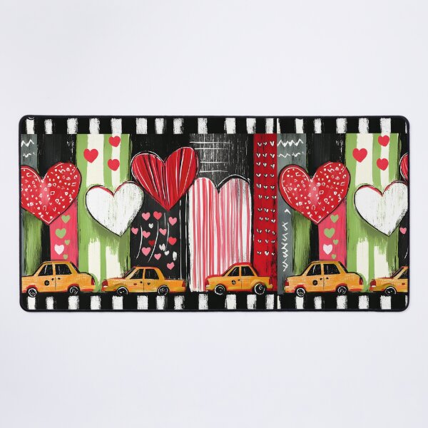 Item preview, Yellow Taxis Driving Past Vibrant Hearts and Bold Stripes in a Playful New York Valentine Scene designed and sold by OlfactoART Studio.
