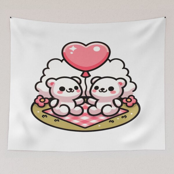 Item preview, Couple Bears - Adorable White Bears Holding a Heart Balloon on a Picnic Blanket designed and sold by KreaDesignOne.