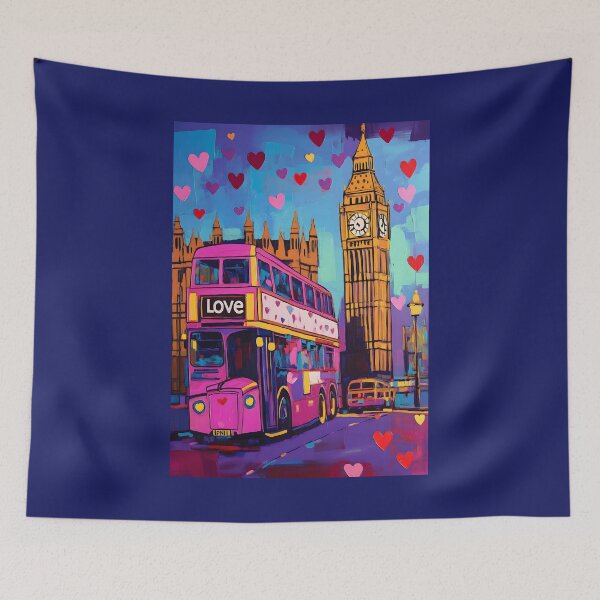 Item preview, Romantic London Valentine - Red Double-Decker Bus and Floating Hearts in a Lively Cityscape designed and sold by OlfactoART Studio.