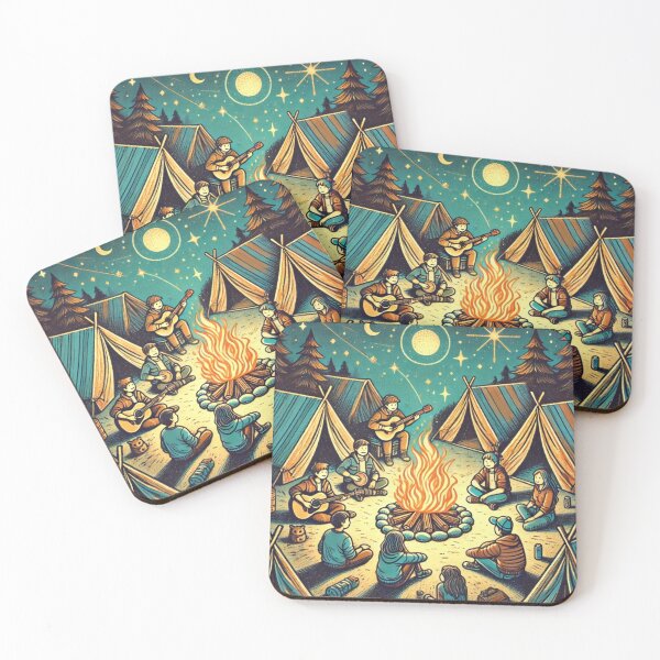 Item preview, "Indie-Style Cartoon of Friends Around Campfire" designed and sold by ForFamily1120.