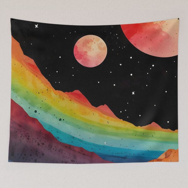 Item preview, Otherworldly Spectrum, Mystic Space Mountains, Rainbow Ridges Under Alien Skies, Watercolor Galaxy Peaks with Different Planets  designed and sold by Kintsugi99.