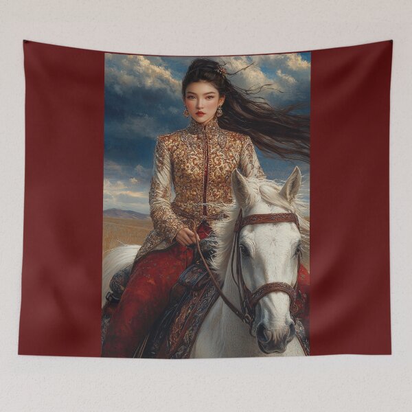 Item preview, Majestic Mongolian Warrior Queen on White Horse designed and sold by ArtVibeCo.