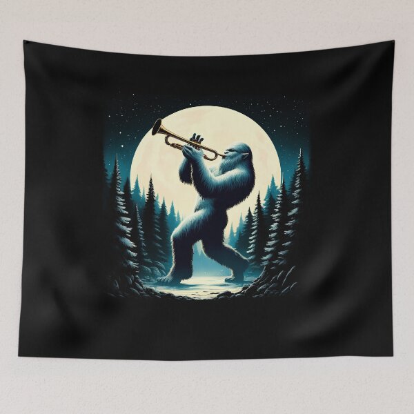 Item preview, Sasquatch Bigfoot Playing Trumpet on Full Moon Trumpet Player Trumpetist designed and sold by Kimberley King Art  King Art.