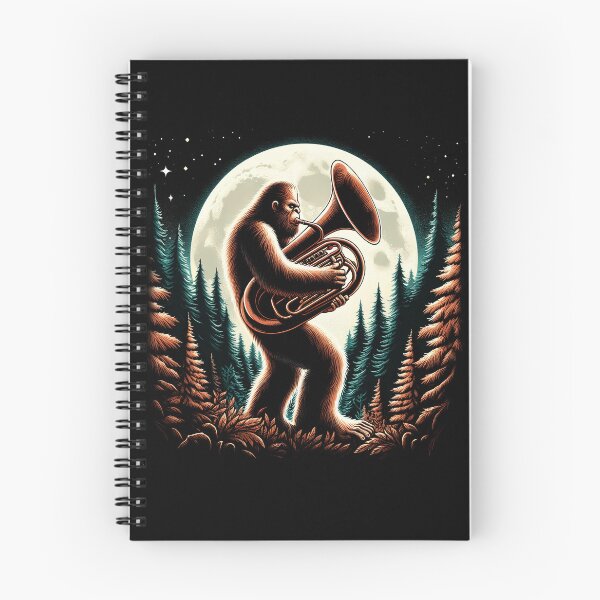 Aperçu de l'œuvre Sasquatch Bigfoot jouant du tuba à la pleine lune Tubiste tubiste créée et vendue par Kimberley King Art King Art.