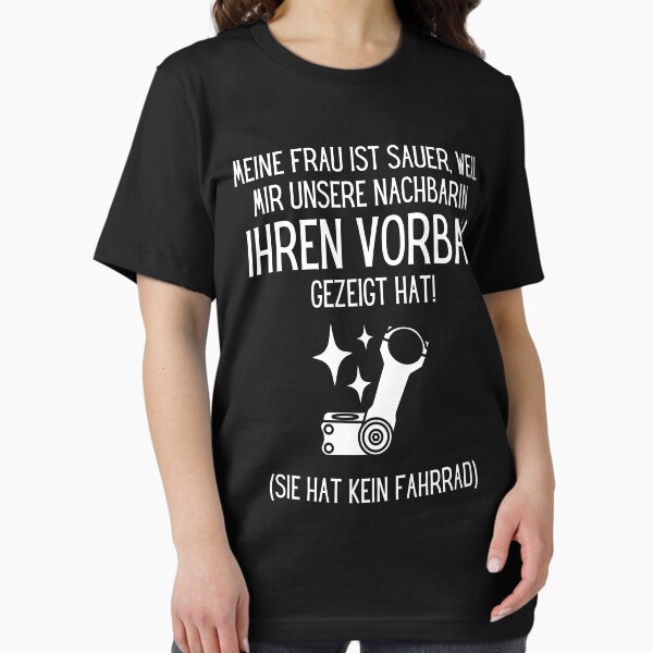 Artikel-Vorschau von Meine Frau ist sauer, weil mir unsere Nachbarin ihren Vorbau gezeigt hat | Wortspiel Zweiradmechaniker Vorbau Fahrrad Brüste Deutsch Männer Meme Shirt, designt und verkauft von ManuelMuse.