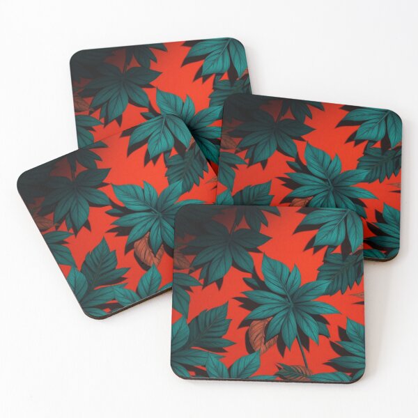 Item preview, Vibrant Digital Illustration of Leaves on Red Surface - Bold Botanical Art Decor designed and sold by FestivityFinds.