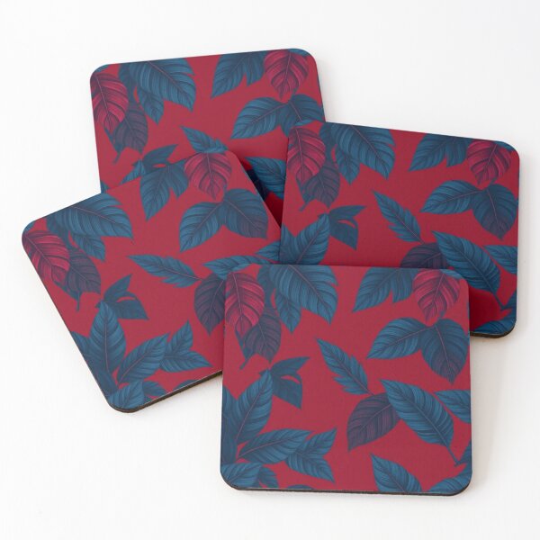 Item preview, Striking Digital Illustration of Indigo Blue Leaves on Red Surface - Bold Botanical Art designed and sold by FestivityFinds.