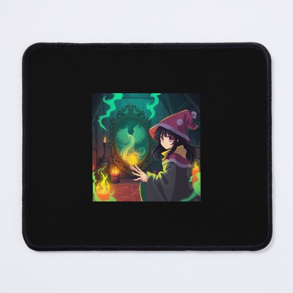 Item preview, Isekai anime style: A witchcraft room with a female wizard with large expressive eyes and dark hair performing a spell before a mirror showing a spectre and phoenix designed and sold by Shapeshifter797.