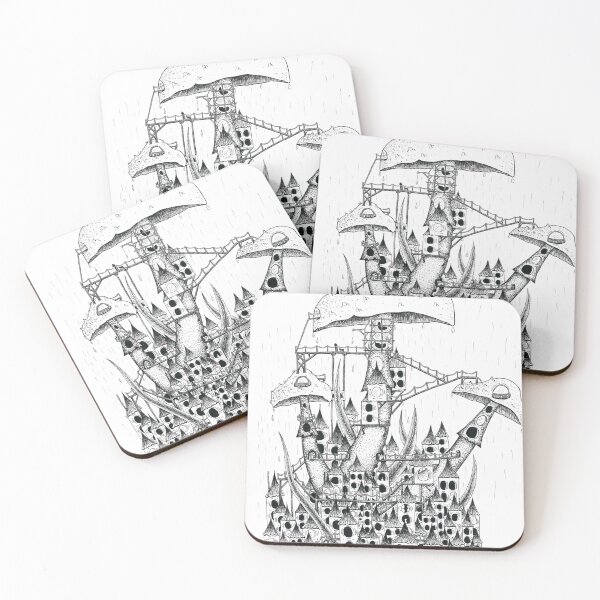Item preview, Mushroom fantasy cityscape in pen and ink designed and sold by EdwardGeorgeArt.
