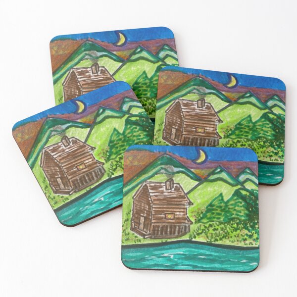 Item preview, drawing of a cabin in the mountains with the moon designed and sold by Uplifting Vib'n Design and Decor .