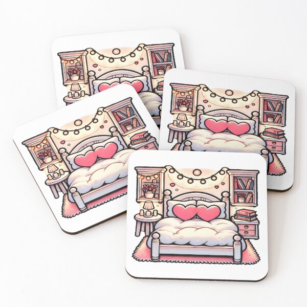Item preview, Cozy Romantic Bedroom with Pink Heart Pillows, String Lights, and Warm Pastel Colors designed and sold by KreaDesignOne.