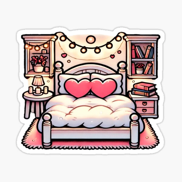 Item preview, Cozy Romantic Bedroom with Pink Heart Pillows, String Lights, and Warm Pastel Colors designed and sold by KreaDesignOne.
