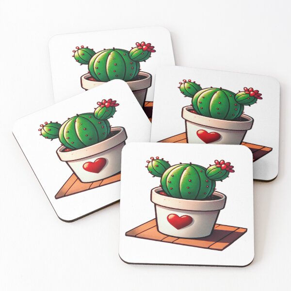 Item preview, Whimsical Love Cactus in a White Pot with Deep Red Heart and Flowers on a Wooden Base designed and sold by KreaDesignOne.
