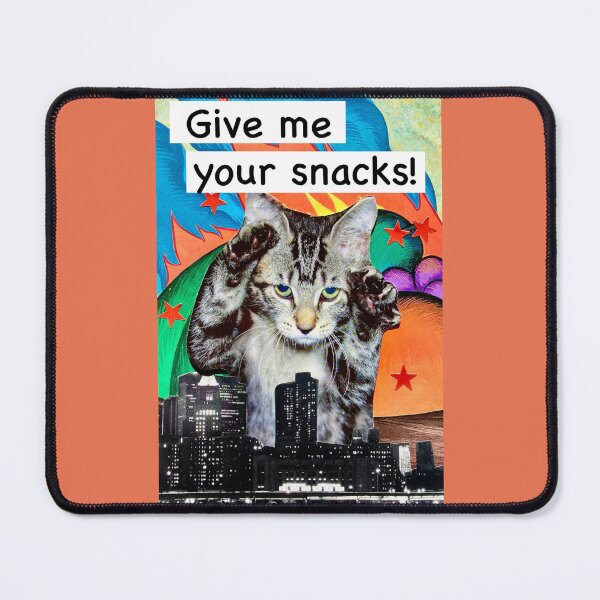 Item preview, 'Give Me Your Snacks!' - Cat Attacking City Collage designed and sold by Nikki Fortuin Arts & Crafts.