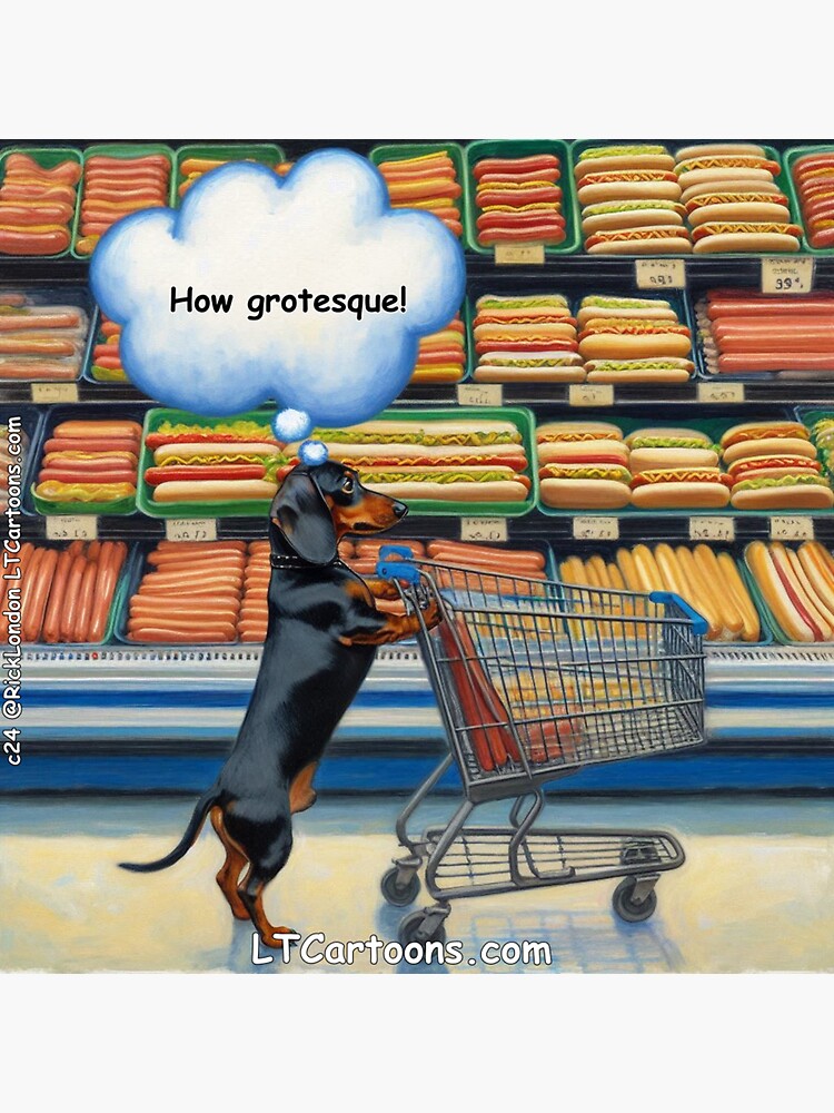 Thumbnail 3 of 3, Sticker, Grossed Out Vegan Dachshund In Grocery Weiner Section designed and sold by ltcartoons.