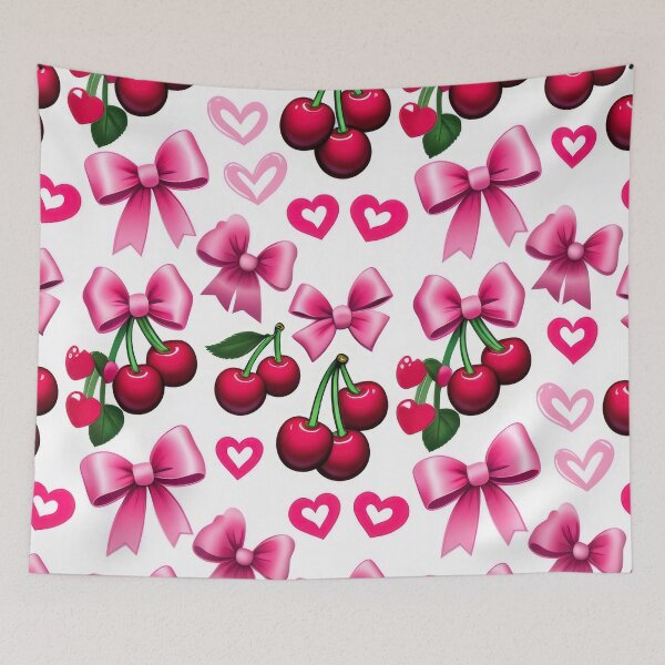 Item preview, valentines art pattern Cherries and ribbons Design ,valentine Cherries , Valentines Day Pattern,valentines wallpaper designed and sold by Expressions-Sel.