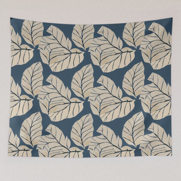 Item preview, Signe Taupe Leaves on Dark Blue designed and sold by dawnleblanc55.