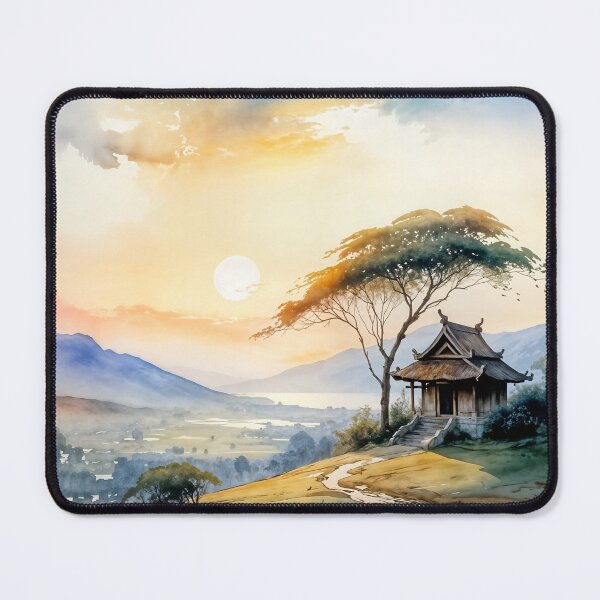 Aperçu de l'œuvre Petit sanctuaire bouddhiste rural sur une colline thaïlandaise au lever du soleil créée et vendue par Fauxie Dao Jia.