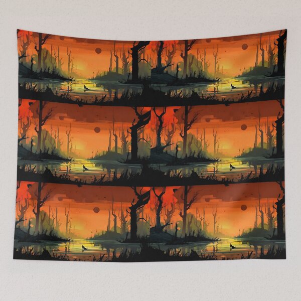 Item preview, Mystical Sunset Marshland with Dual Moons and Silhouetted Trees designed and sold by Amr Siam.