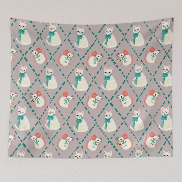 Item preview, White Cat and Mouse Pattern – Whimsical Cottage core pattern - Illustration by jemma jamie skidmore  designed and sold by Jemma Jamie Skidmore.