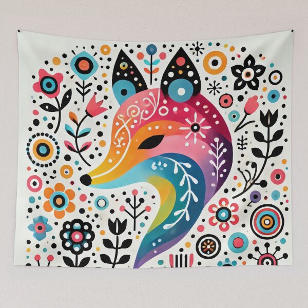 Item preview, Scandinavian Folk Art Rainbow Animals - Cute Colourful Fox Face by heidiannemorris designed and sold by FOLK ART FUSION by heidiannemorris.