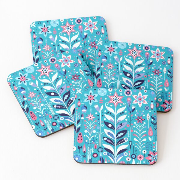 Item preview, Scandinavian Folk Art Nordic Flowers - Turquoise, Pink, and White Floral Design by heidiannemorris designed and sold by FOLK ART FUSION by heidiannemorris.
