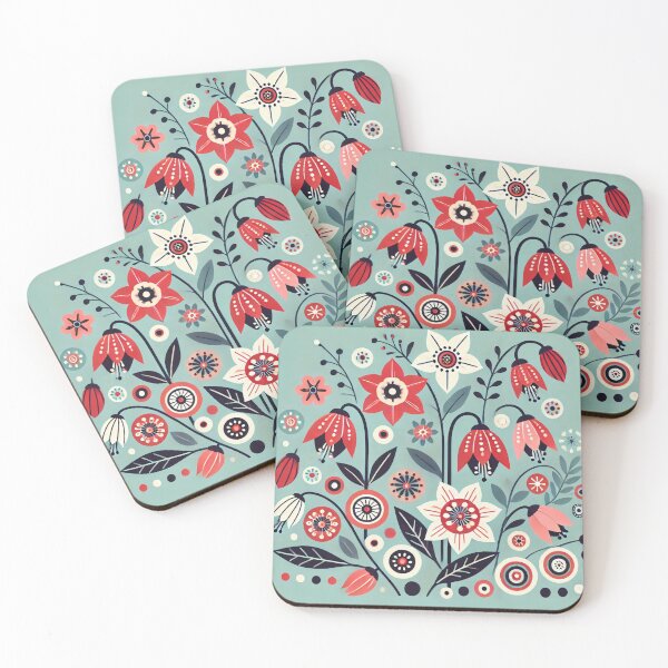 Item preview, Scandinavian Folk Art Bellflowers and Starflowers - Red White Pink Green by heidiannemorris designed and sold by FOLK ART FUSION by heidiannemorris.