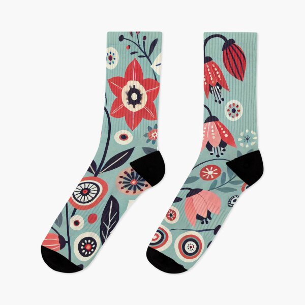 Item preview, Scandinavian Folk Art Bellflowers and Starflowers - Red White Pink Green by heidiannemorris designed and sold by FOLK ART FUSION by heidiannemorris.