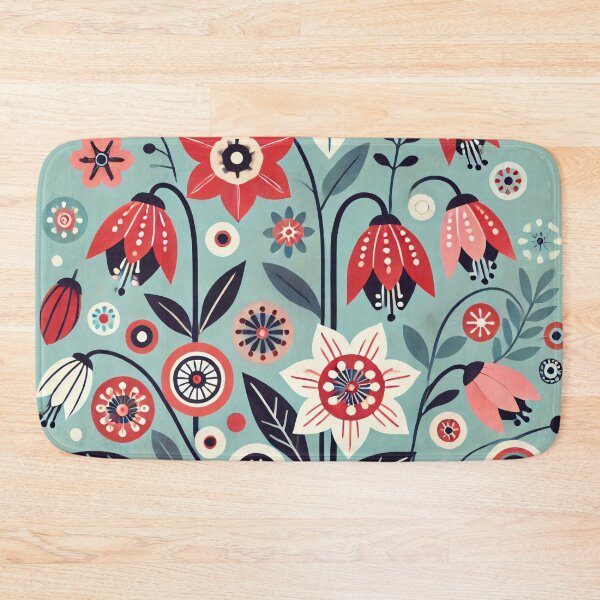 Item preview, Scandinavian Folk Art Bellflowers and Starflowers - Red White Pink Green by heidiannemorris designed and sold by FOLK ART FUSION by heidiannemorris.