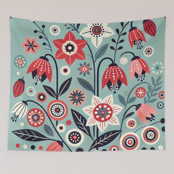 Item preview, Scandinavian Folk Art Bellflowers and Starflowers - Red White Pink Green by heidiannemorris designed and sold by FOLK ART FUSION by heidiannemorris.