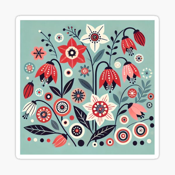 Aperçu de l'œuvre Campanules et étoiles de mer scandinaves - Rouge, blanc, rose, vert par heidiannemorris créée et vendue par FOLK ART FUSION by heidiannemorris.