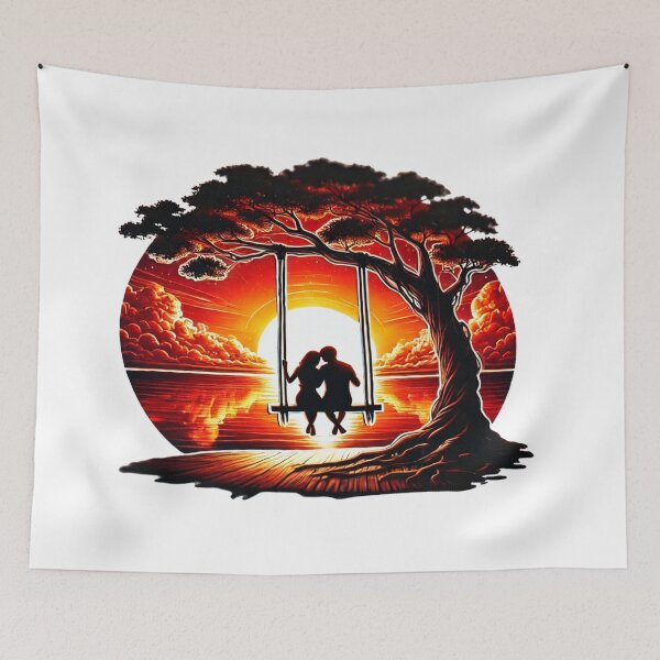 Item preview, Sunset Couple on Swing with Glowing Sun in Front and Circular Framed Composition designed and sold by KreaDesignOne.