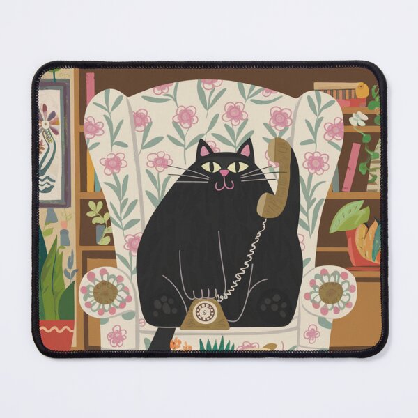 Item preview, Lover of old phones! A cute black kitten is chilling in an armchair calling friends on an old telephone with a handset and a dial pad.  designed and sold by SaraSumi.